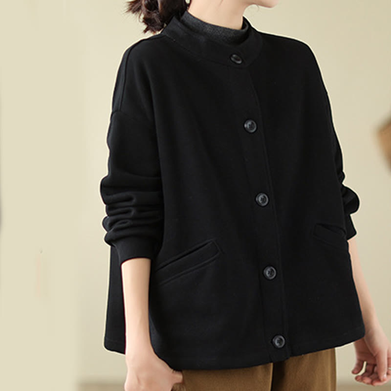 Buddha Stones Solid Color Women's Cotton Buttons Jacket With Pockets - image 4