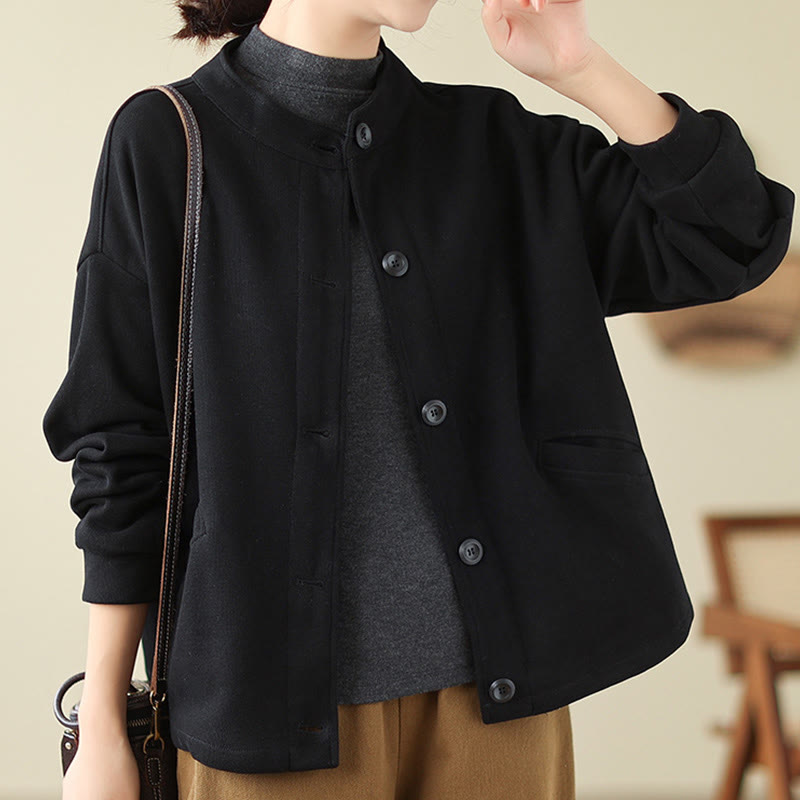Buddha Stones Solid Color Women's Cotton Buttons Jacket With Pockets - Black - US14，UK/AU18，EU46 (2XL) - image 1