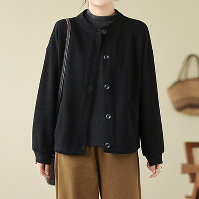 Buddha Stones Solid Color Women's Cotton Buttons Jacket With Pockets - image 2