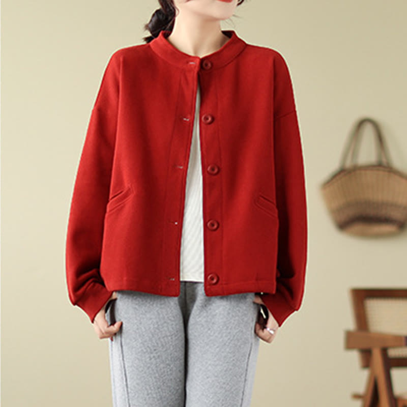 Buddha Stones Solid Color Women's Cotton Buttons Jacket With Pockets - image 11