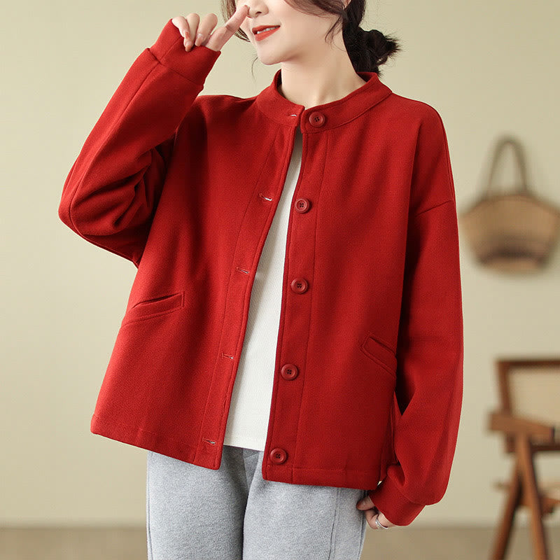 Buddha Stones Solid Color Women's Cotton Buttons Jacket With Pockets - image 10