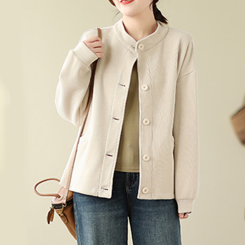 Buddha Stones Solid Color Women's Cotton Buttons Jacket With Pockets - image 18