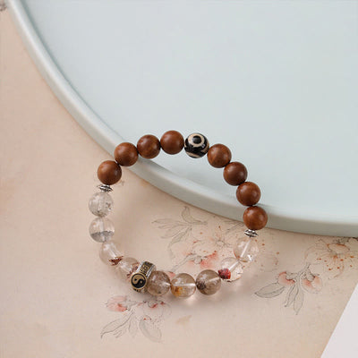 Buddha Stones Lightning Struck Wood Red Phantom Yin Yang Protection Bracelet - Lightning Struck Jujube Wood & Red Phantom(Wrist Circumference: 15-16cm) - image 1