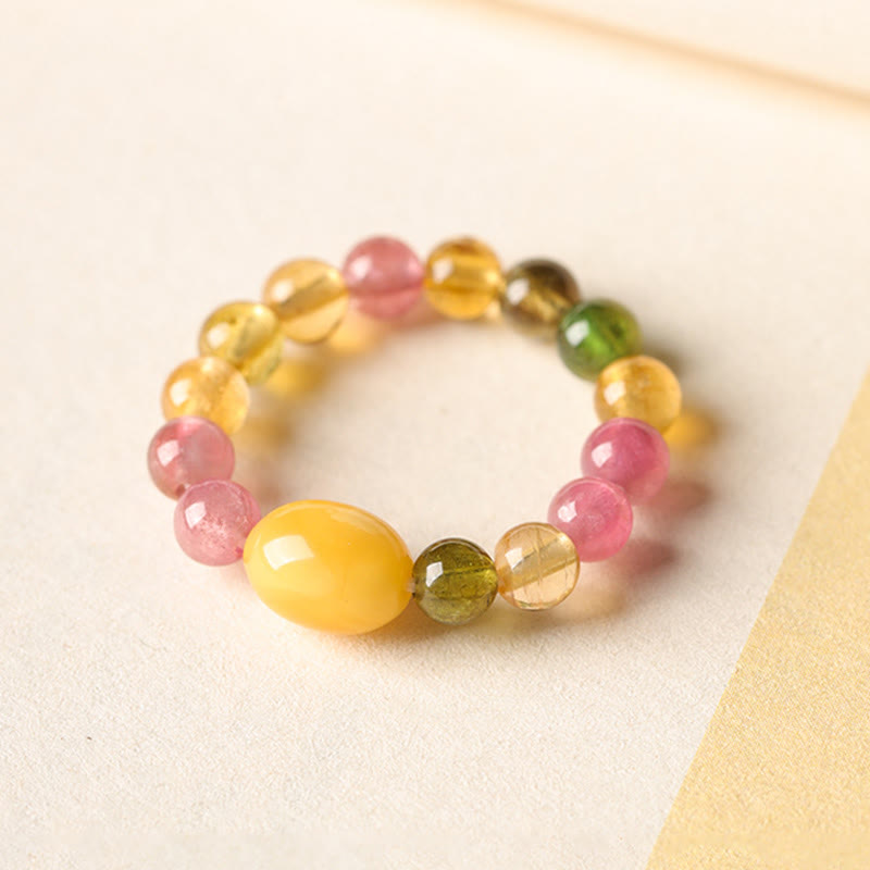 Buddha Stones Natural Tourmaline Lucky Pearl Pixiu Amber Positive Love Ring - image 12