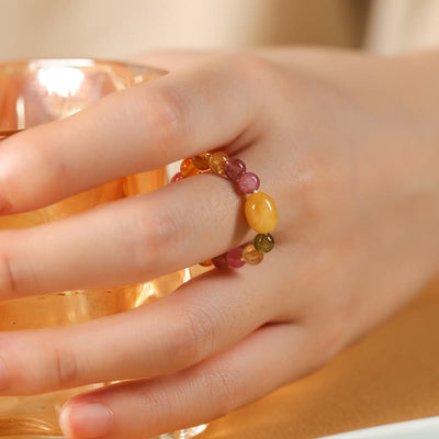 Buddha Stones Natural Tourmaline Lucky Pearl Pixiu Amber Positive Love Ring - image 14