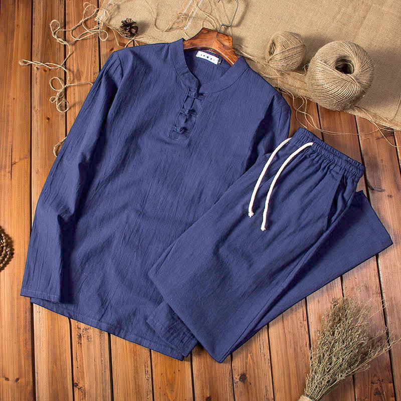 Buddha Stones Pure Color Long Sleeve Top Pants Clothing Men's Set - MidnightBlue - US/UK/AU44，EU54 (5XL) - image 11