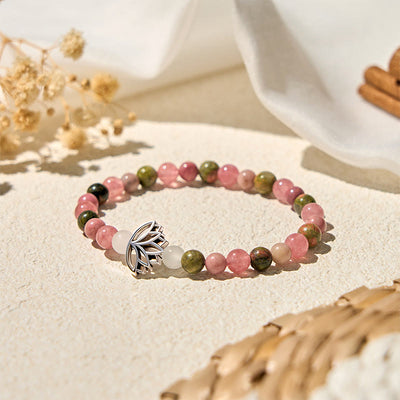 Buddha Stones Rhodonite Unakite Beads Lotus Healing Bracelet - image 1