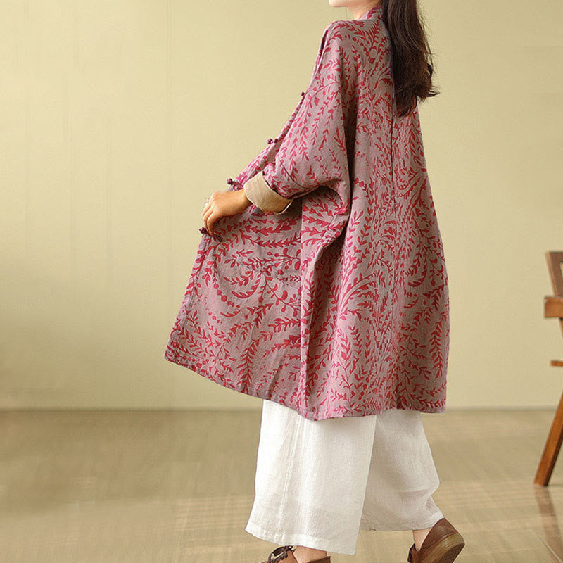 Buddha Stones Frog-button Vine Leaves Women's Coat With Pockets - image 11