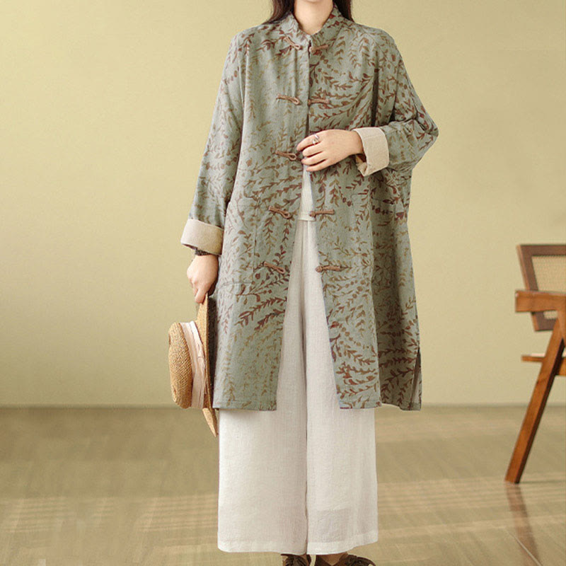 Buddha Stones Frog-button Vine Leaves Women's Coat With Pockets - DarkSeaGreen - US14，UK/AU18，EU46 (2XL) - image 0