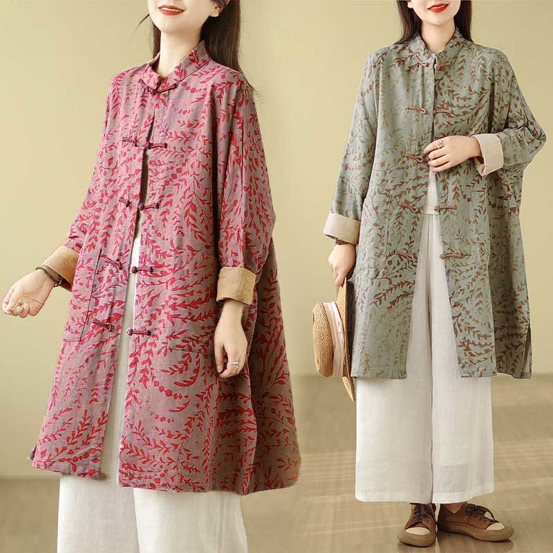 Buddha Stones Frog-button Vine Leaves Women's Coat With Pockets - image 6