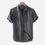 Foviel Men's Shirt Solid Color Lapel Top Short Sleeve Comfy Button Crease Cotton Linen Shirt