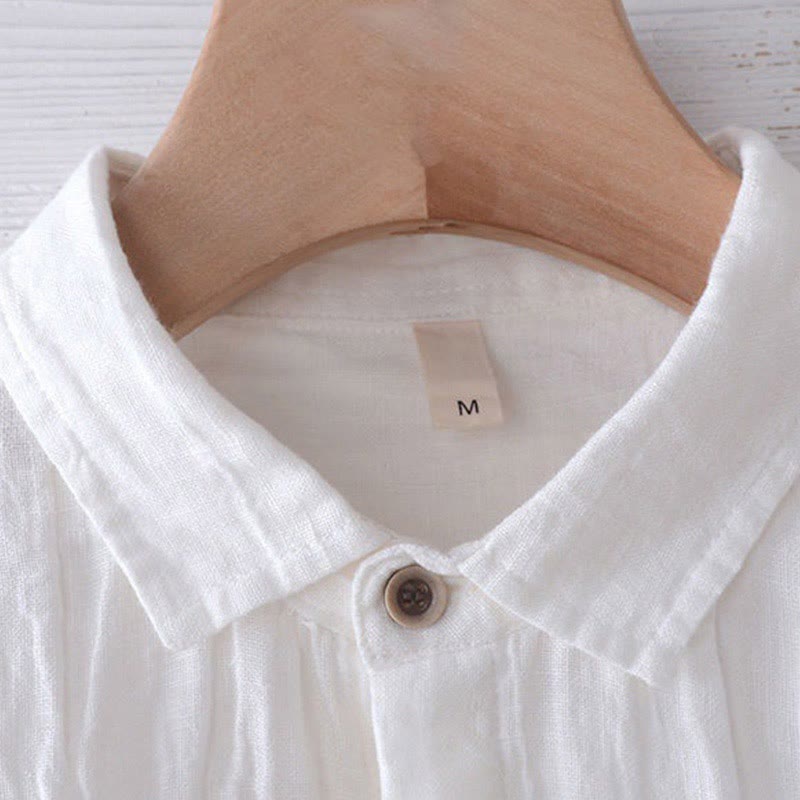 Buddha Stones Men's Shirt Solid Color Lapel Top Short Sleeve Comfy Button Crease Cotton Linen Shirt - image 9