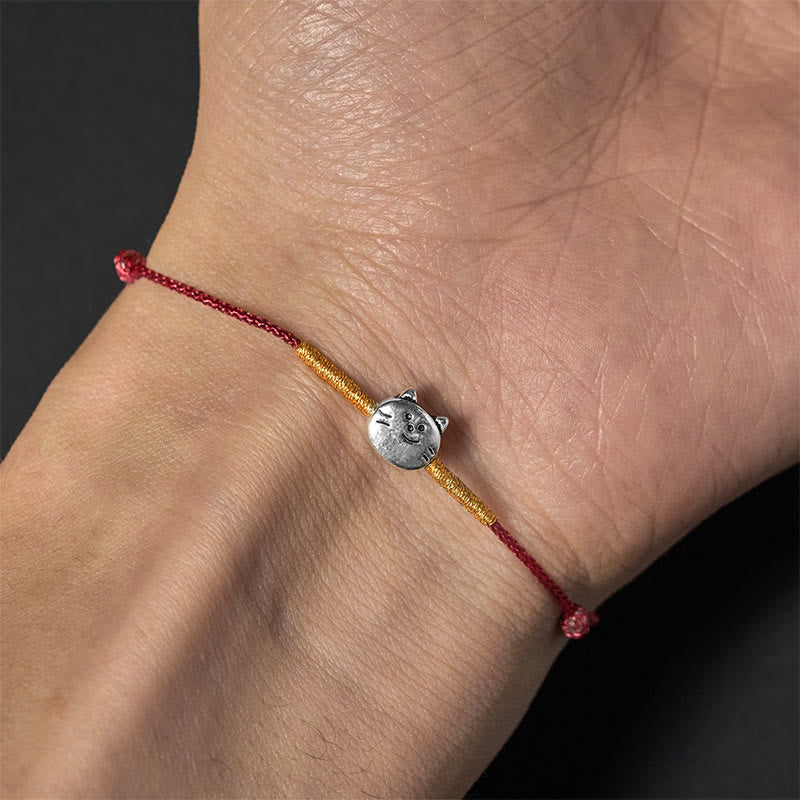 Buddha Stones 925 Sterling Silver Cute Cat Red String Braided Bracelet - image 3