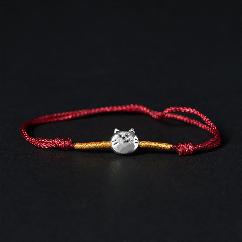 Buddha Stones 925 Sterling Silver Cute Cat Red String Braided Bracelet - Golden Red String(Wrist Circumference 14-18cm) - image 0