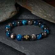 Bracelet de protection cinq éléments Foviel en obsidienne argentée, œil de tigre bleu et onyx noir