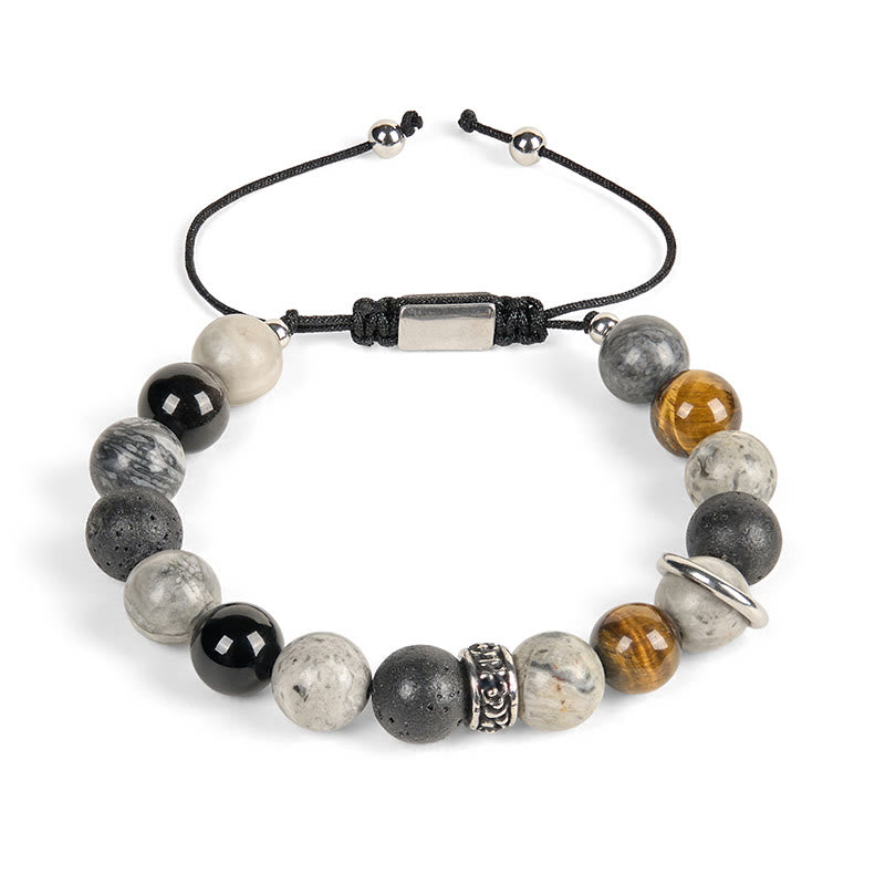 Buddha Stones Grey Jasper Lava Rock Silver Sheen Obsidian Tiger Eye Healing Bracelet - image 4