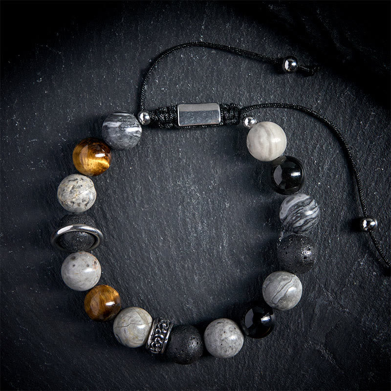 Buddha Stones Grey Jasper Lava Rock Silver Sheen Obsidian Tiger Eye Healing Bracelet - image 1