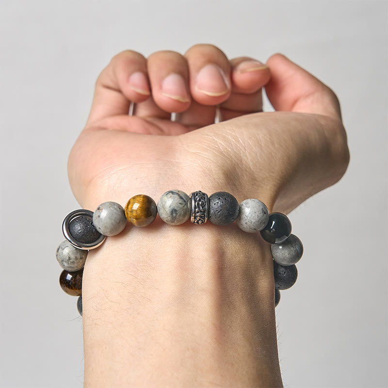 Buddha Stones Grey Jasper Lava Rock Silver Sheen Obsidian Tiger Eye Healing Bracelet - image 3