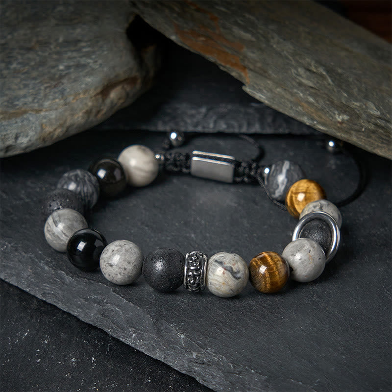 Buddha Stones Grey Jasper Lava Rock Silver Sheen Obsidian Tiger Eye Healing Bracelet - Grey Jasper(Wrist Circumference: 15-17cm) - image 0