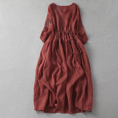Buddha Stones Embroidery Patchwork Long Puff Sleeve Drawstring Midi Dress With Pockets - Crimson - US8-10，UK/AU12-14，EU40-42 (2XL) - image 3