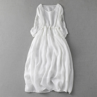 Buddha Stones Embroidery Patchwork Long Puff Sleeve Drawstring Midi Dress With Pockets - White - US8-10，UK/AU12-14，EU40-42 (2XL) - image 19