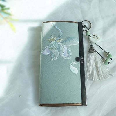 Buddha Stones Flower Plum Peach Blossom Bamboo Double-sided Embroidery Large Capacity Cash Holder Wallet Shopping Purse - Green Lotus - image 7