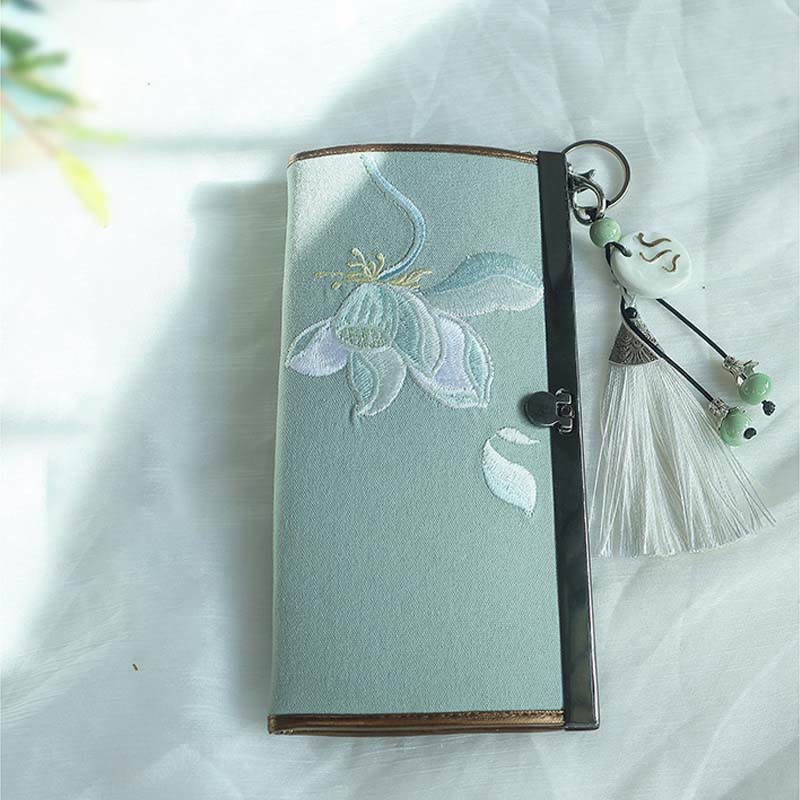 Buddha Stones Flower Plum Peach Blossom Bamboo Double-sided Embroidery Large Capacity Cash Holder Wallet Shopping Purse - Green Lotus - image 7
