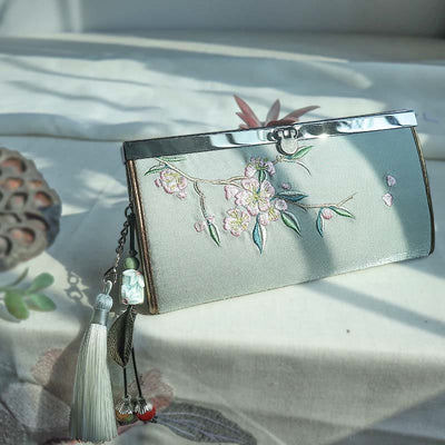 Buddha Stones Flower Plum Peach Blossom Bamboo Double-sided Embroidery Large Capacity Cash Holder Wallet Shopping Purse - Green Peach Blossoms - image 8