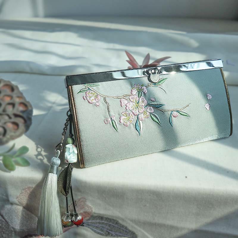 Buddha Stones Flower Plum Peach Blossom Bamboo Double-sided Embroidery Large Capacity Cash Holder Wallet Shopping Purse - Green Peach Blossoms - image 8
