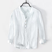 Foviel Solid Color Short Sleeve Half Button Shirt Cotton Linen Men Clothing