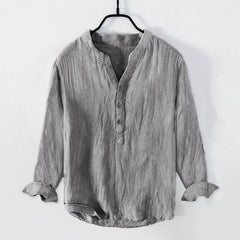 Buddha Stones Solid Color Long Sleeve Half Button Shirt Cotton Linen Men Clothing - Gray - US/UK/AU50，EU60 (5XL) - image 0