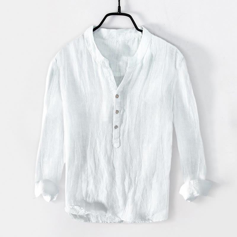 Buddha Stones Solid Color Long Sleeve Half Button Shirt Cotton Linen Men Clothing - White - US/UK/AU50，EU60 (5XL) - image 10