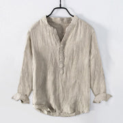 Foviel Solid Color Long Sleeve Half Button Shirt Cotton Linen Men Clothing