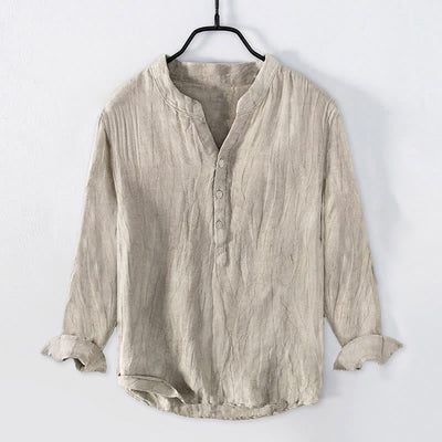 Buddha Stones Solid Color Long Sleeve Half Button Shirt Cotton Linen Men Clothing - Linen - US/UK/AU50，EU60 (5XL) - image 16