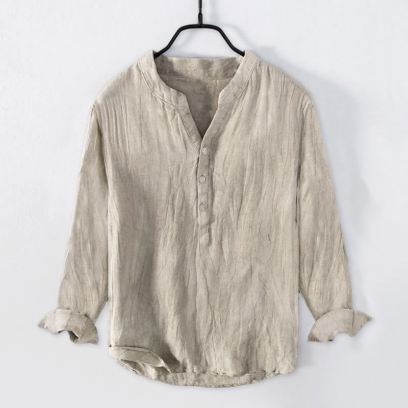 Buddha Stones Solid Color Short Sleeve Half Button Shirt Cotton Linen Men Clothing - Long Sleeve - Linen - US/UK/AU50，EU60 (5XL) - image 29