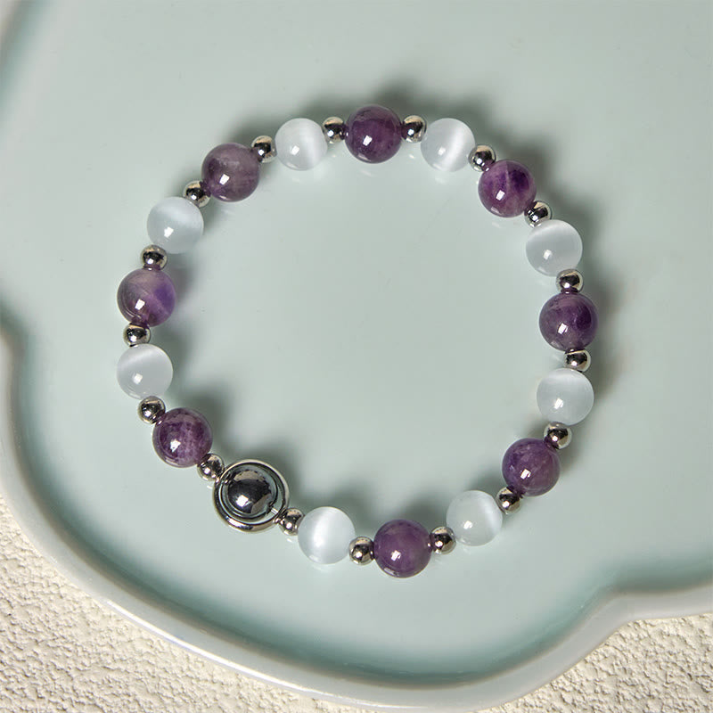 Buddha Stones Natural Amethyst White Cat's Eye Beads Balance Bracelet - image 2
