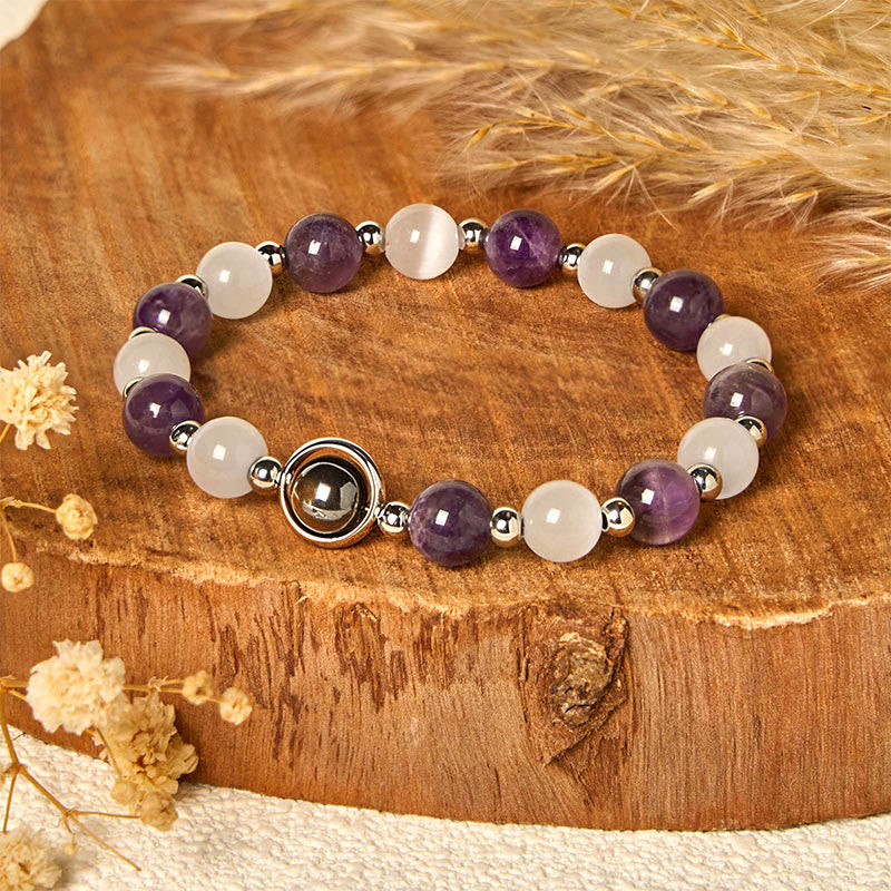Buddha Stones Natural Amethyst White Cat's Eye Beads Balance Bracelet - image 1