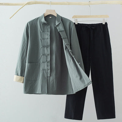 Buddha Stones 2Pcs Tang Suit Men's Frog-Button Cotton Linen Long Sleeve Shirt Pants Set With Pockets - CadetBlue Shirt+Black Pants - US/UK/AU44，EU54 (4XL) - image 0