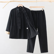 Foviel 2Pcs Tang Suit Men's Frog-Button Cotton Linen Long Sleeve Shirt Pants Set With Pockets