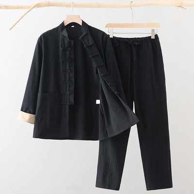 Buddha Stones 2Pcs Tang Suit Men's Frog-Button Cotton Linen Long Sleeve Shirt Pants Set With Pockets - Black - US/UK/AU44，EU54 (4XL) - image 1