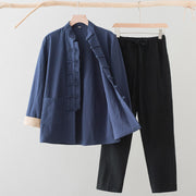 Foviel 2Pcs Tang Suit Men's Frog-Button Cotton Linen Long Sleeve Shirt Pants Set With Pockets