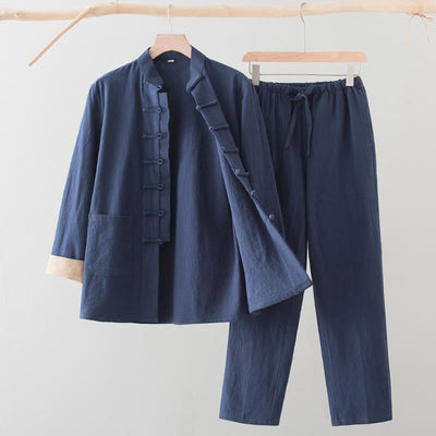 Buddha Stones 2Pcs Tang Suit Men's Frog-Button Cotton Linen Long Sleeve Shirt Pants Set With Pockets - SteelBlue - US/UK/AU44，EU54 (4XL) - image 13