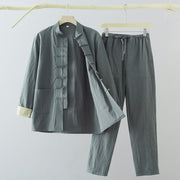 Foviel 2Pcs Tang Suit Men's Frog-Button Cotton Linen Long Sleeve Shirt Pants Set With Pockets