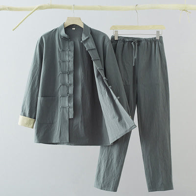 Buddha Stones 2Pcs Tang Suit Men's Frog-Button Cotton Linen Long Sleeve Shirt Pants Set With Pockets - CadetBlue - US/UK/AU44，EU54 (4XL) - image 14