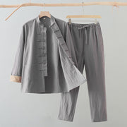 Foviel 2Pcs Tang Suit Men's Frog-Button Cotton Linen Long Sleeve Shirt Pants Set With Pockets