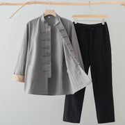 Foviel 2Pcs Tang Suit Men's Frog-Button Cotton Linen Long Sleeve Shirt Pants Set With Pockets