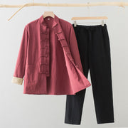 Foviel 2Pcs Tang Suit Men's Frog-Button Cotton Linen Long Sleeve Shirt Pants Set With Pockets