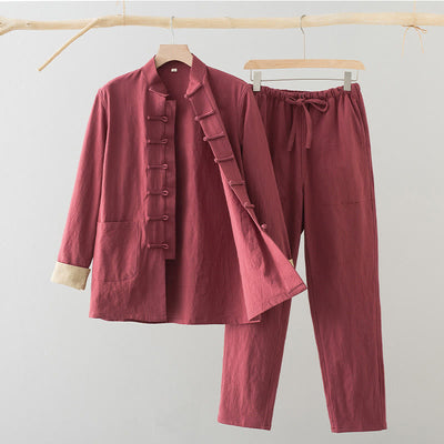 Buddha Stones 2Pcs Tang Suit Men's Frog-Button Cotton Linen Long Sleeve Shirt Pants Set With Pockets - Salmon - US/UK/AU44，EU54 (4XL) - image 18