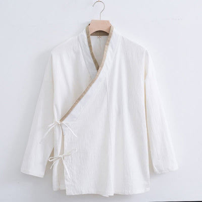 Buddha Stones Vintage Solid Long Sleeve Lace-up Design Cotton Linen Men's Shirt - White - US/UK/AU44，EU54 (4XL) - image 0