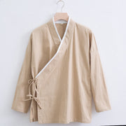 Foviel Vintage Solid Long Sleeve Lace-up Design Cotton Linen Men's Shirt